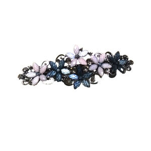 Hair Barrette Tension Clip Black Rhinestone Pink Floral Spring Dance